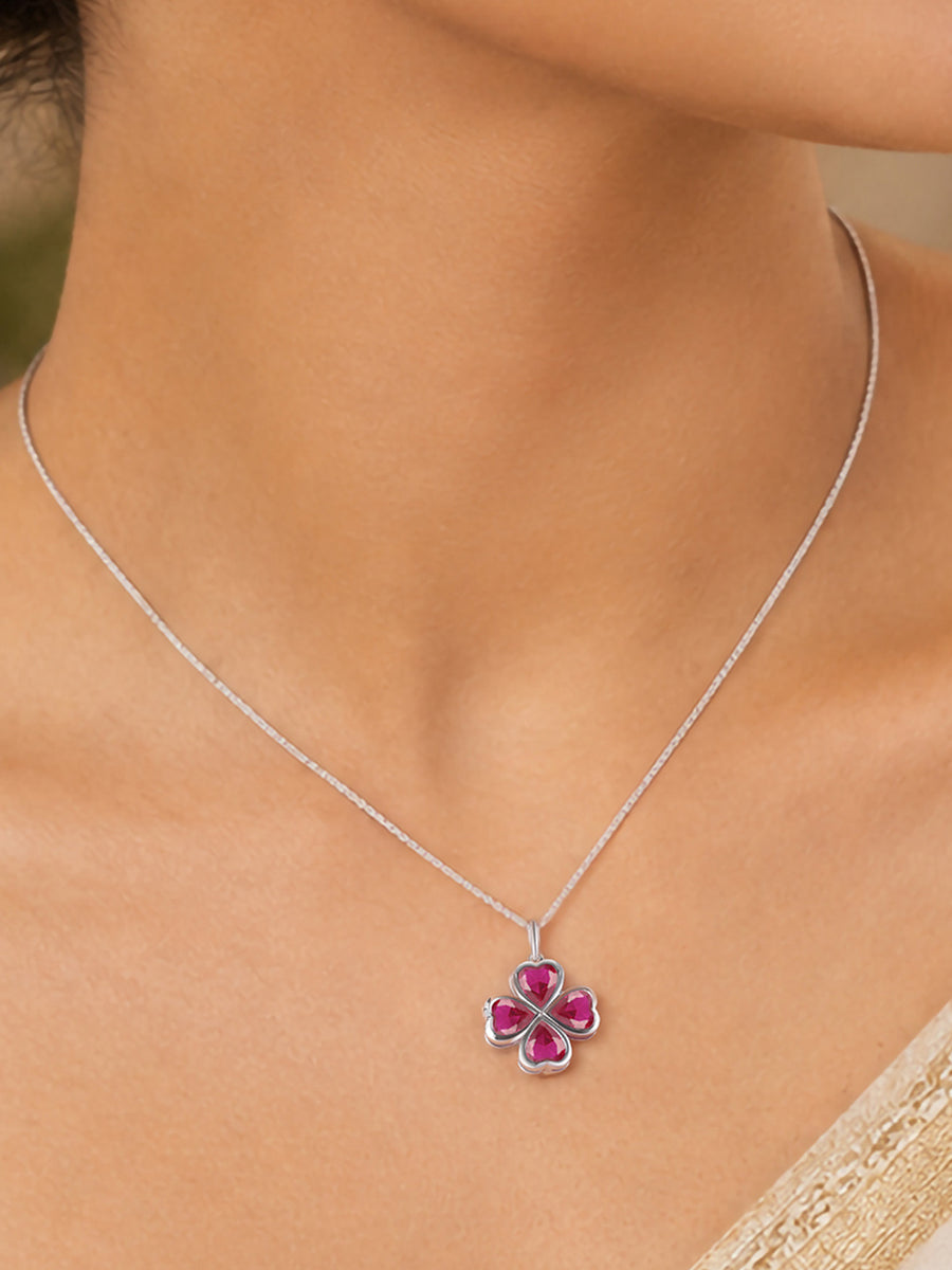Ruby CZ Clover Silver Pendant