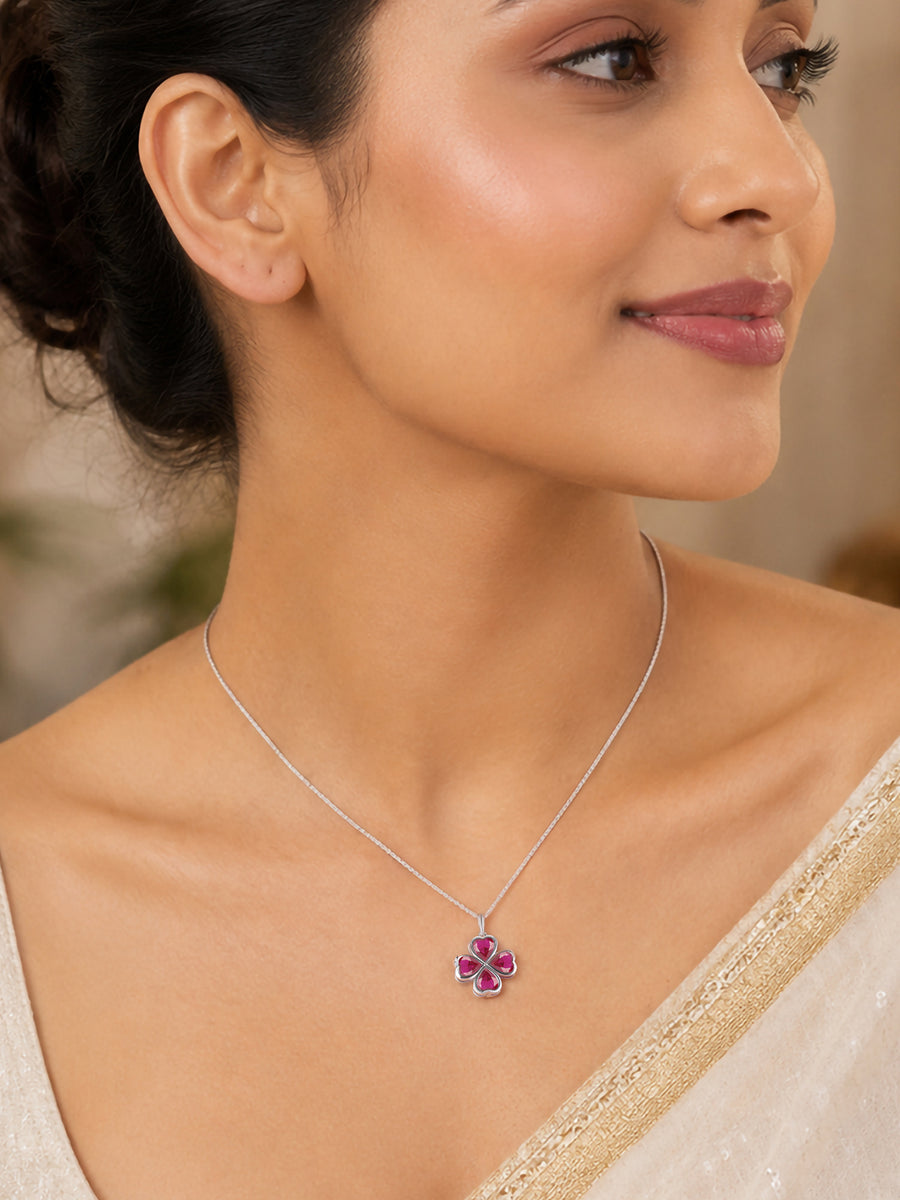Ruby CZ Clover Silver Pendant