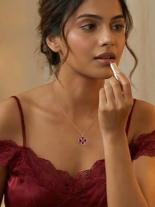 Ruby CZ Clover Silver Pendant