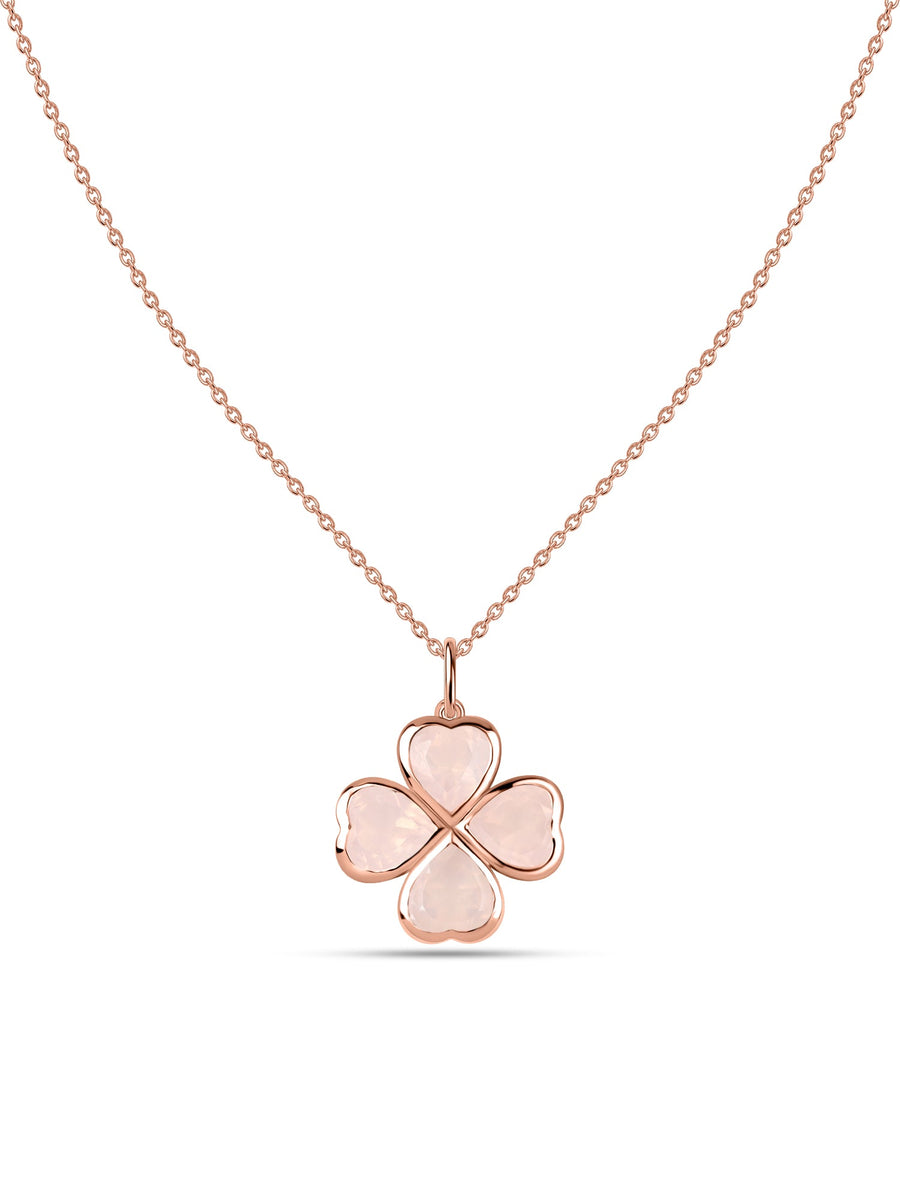 Rose Quartz Petals Gold Clover Pendant With Chain