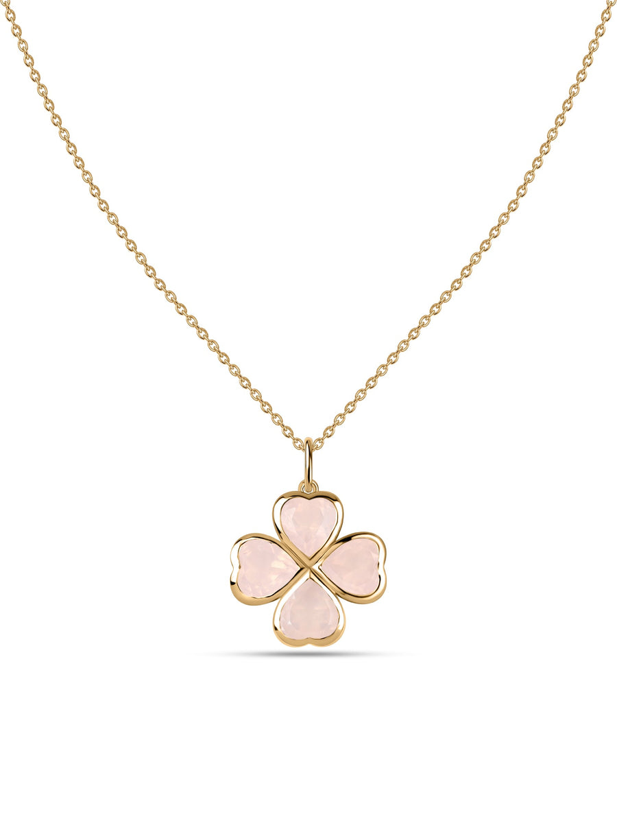 Rose Quartz Petals Gold Clover Pendant With Chain