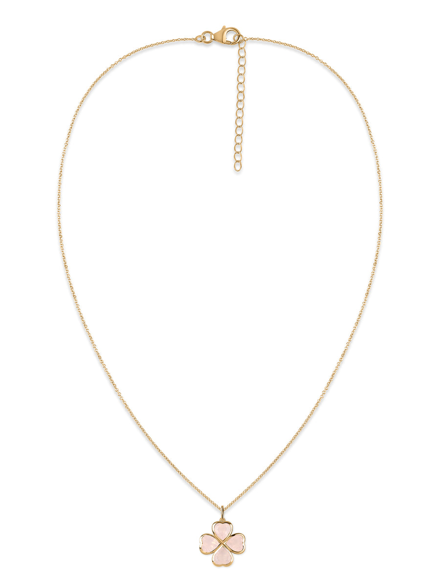 Rose Quartz Petals Gold Clover Pendant With Chain