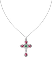 Sacred Harmony Emerald & Ruby Silver Cross Pendant