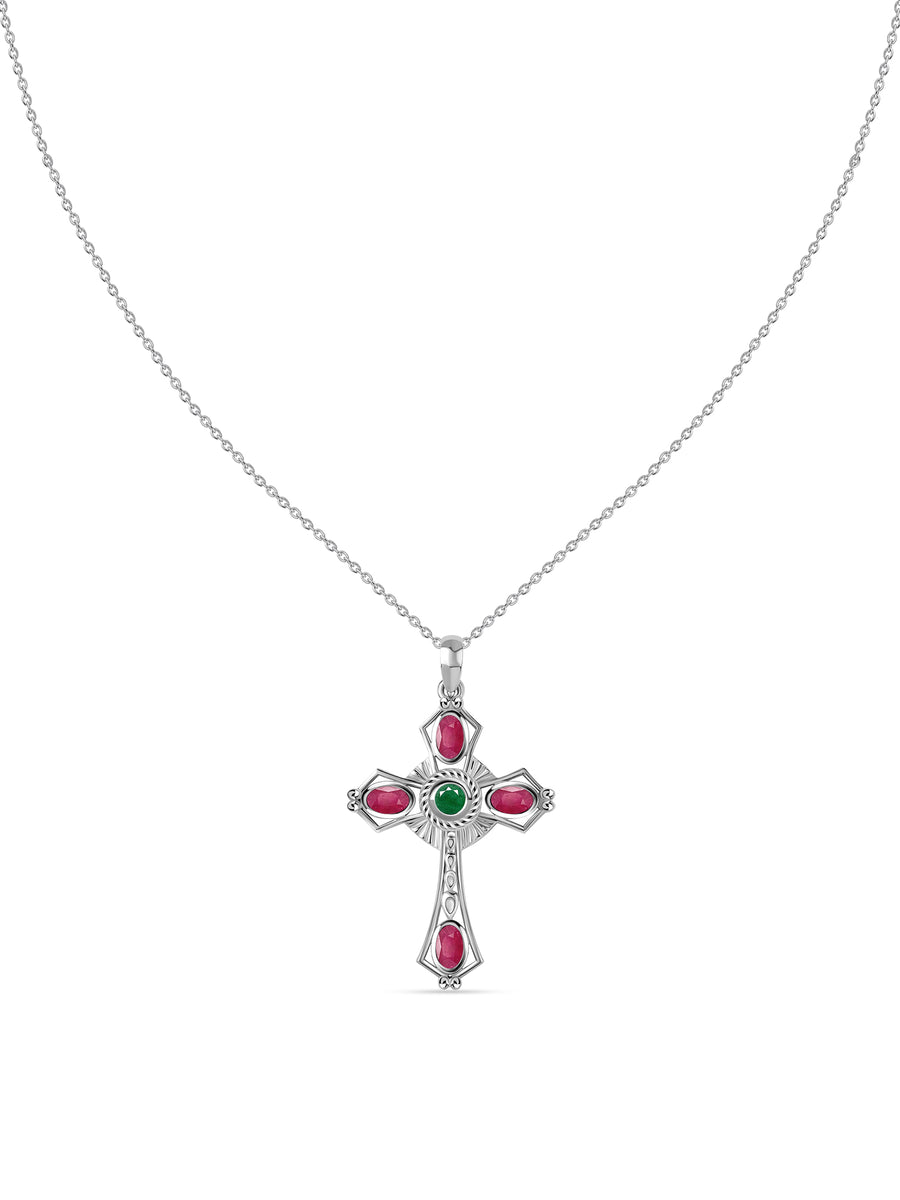 Sacred Harmony Emerald & Ruby Silver Cross Pendant