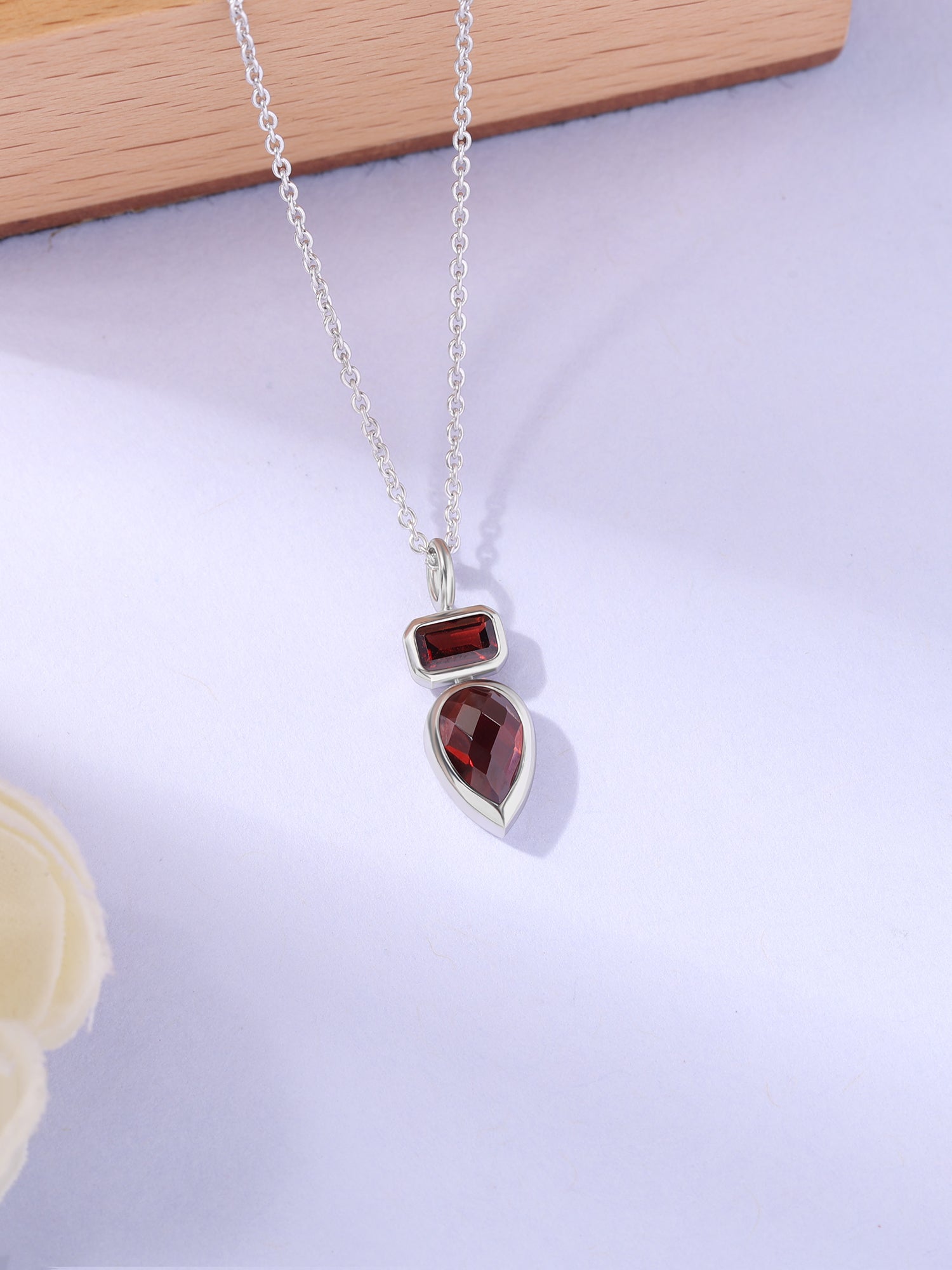 Natural Red Garnet Dual Drop Silver Pendant