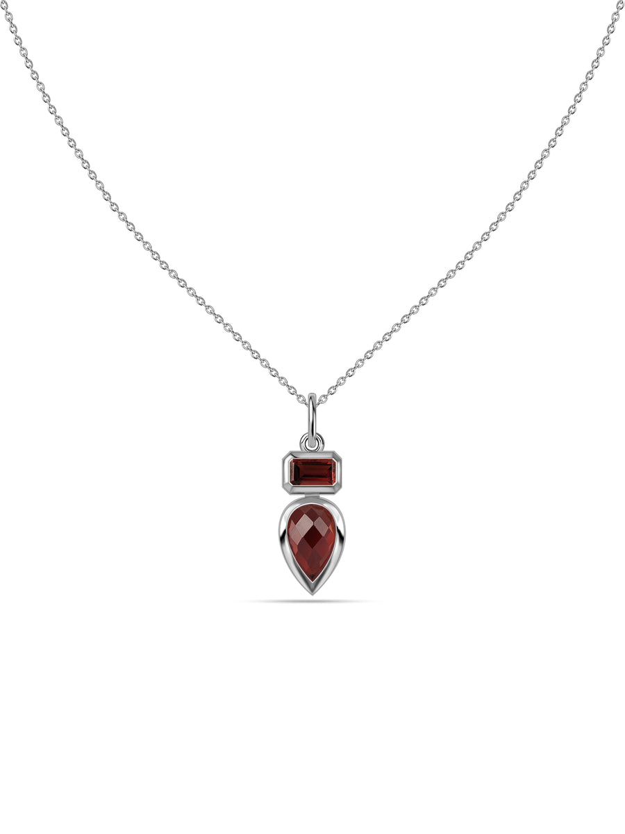 Natural Red Garnet Dual Drop Silver Pendant