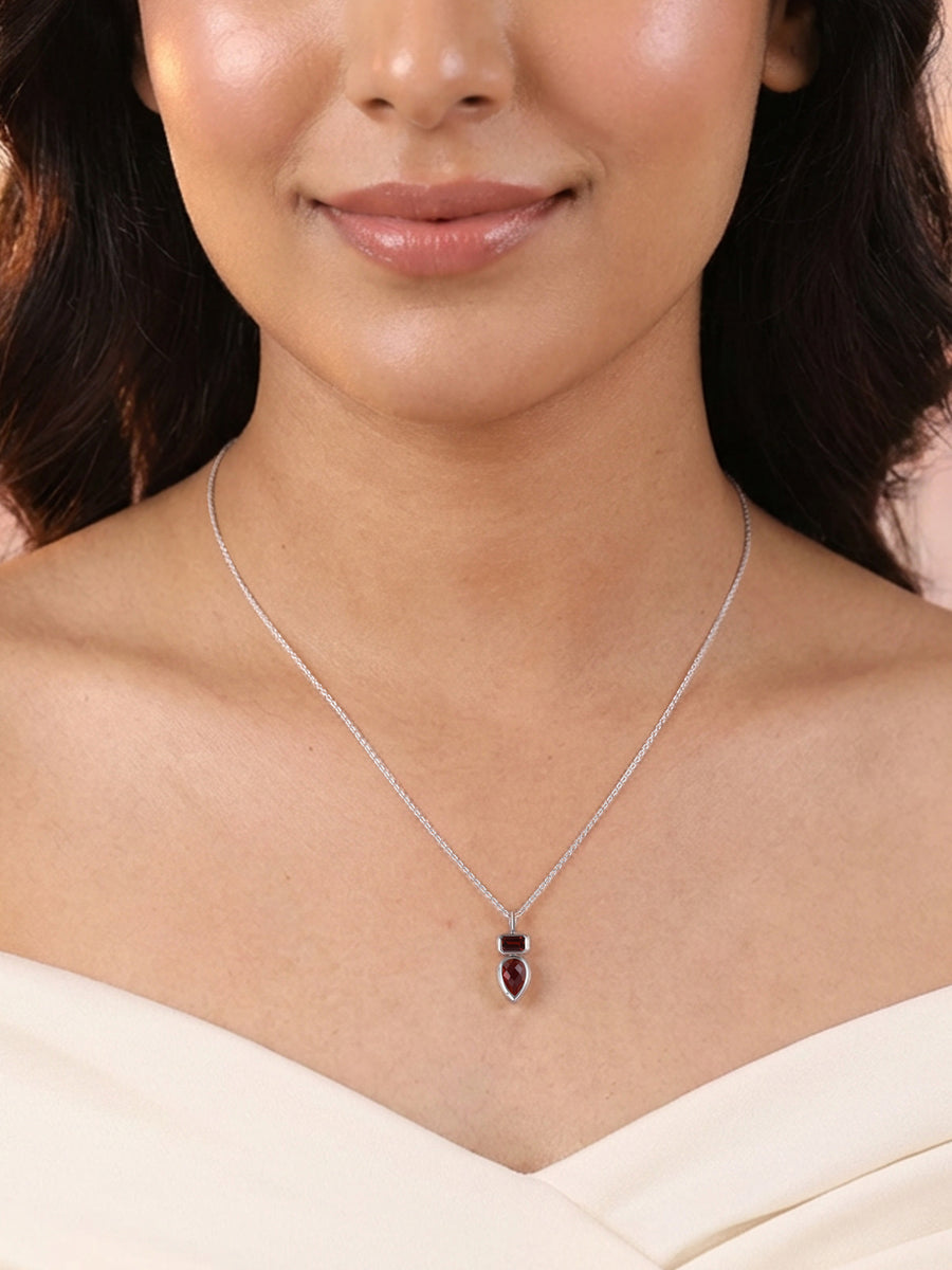 Natural Red Garnet Dual Drop Silver Pendant