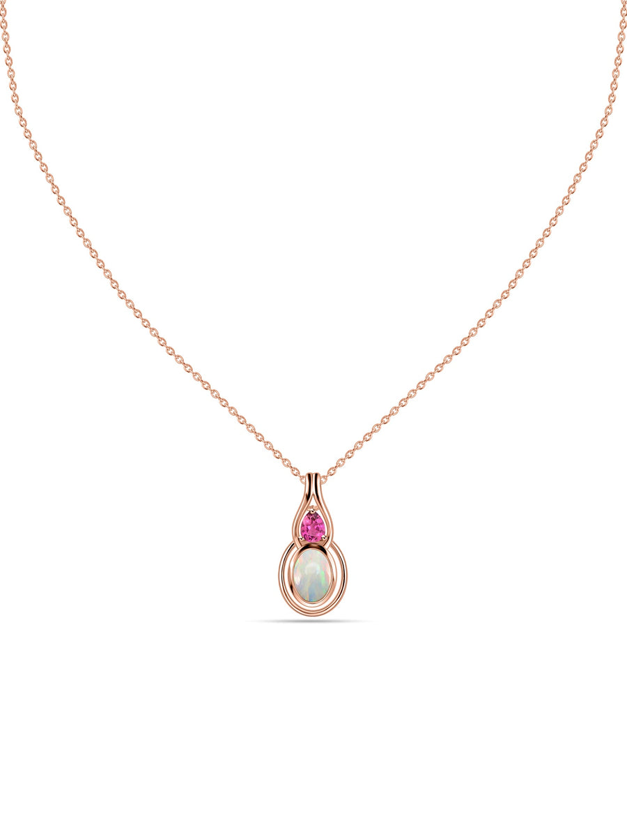 Opal & Pink Tourmaline Gold Drop Pendant with Chain