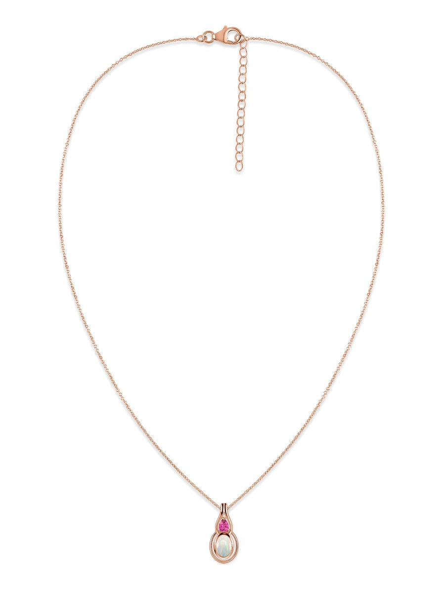 Opal & Pink Tourmaline Gold Drop Pendant with Chain