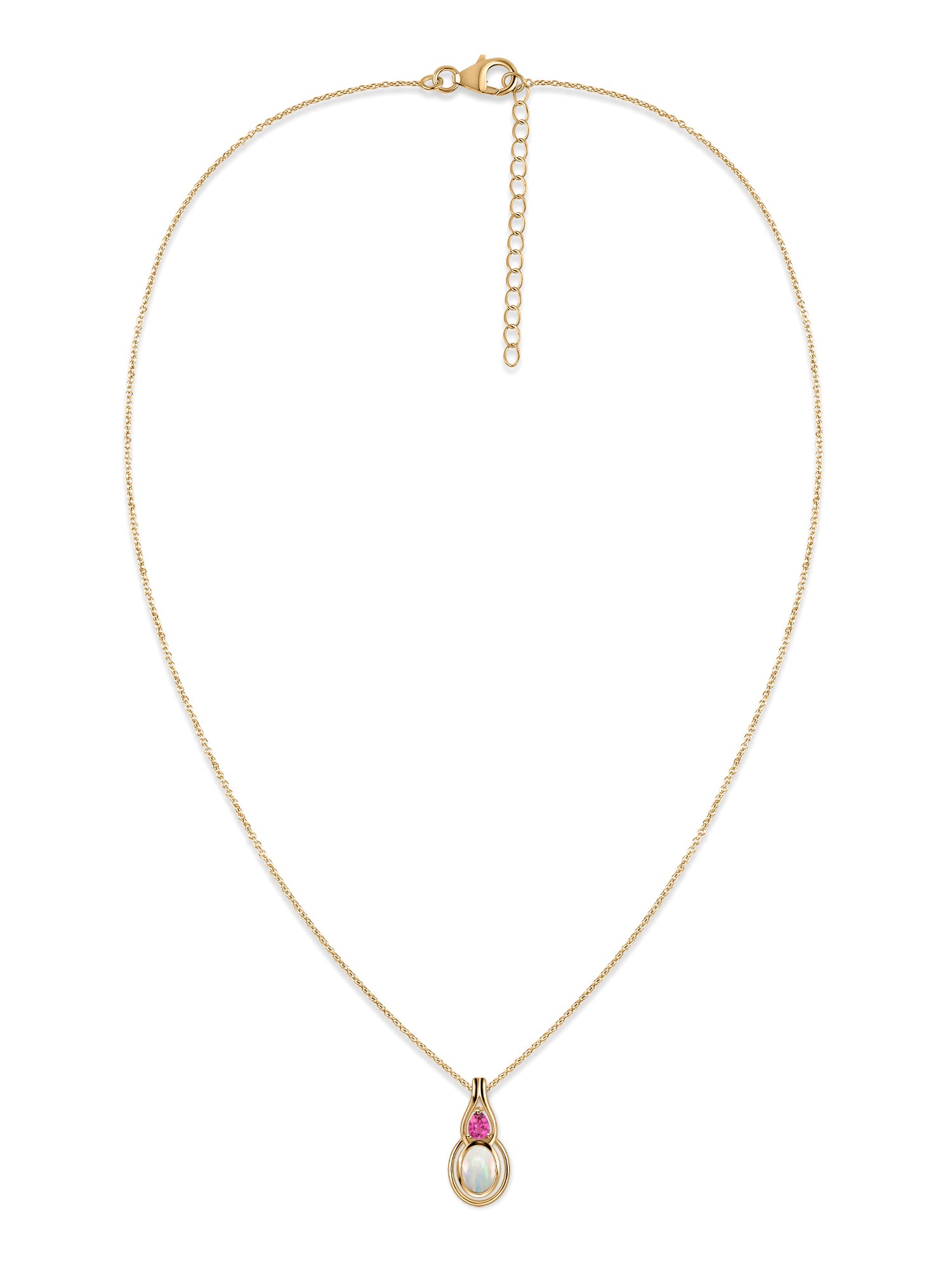 Opal & Pink Tourmaline Gold Drop Pendant with Chain
