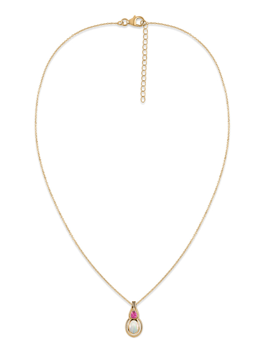 Natural Opal & Pink Tourmaline Gold Drop Pendant with Chain