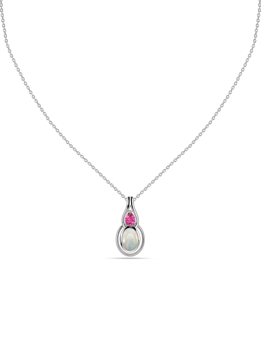 Opal & Pink Tourmaline Gold Drop Pendant with Chain