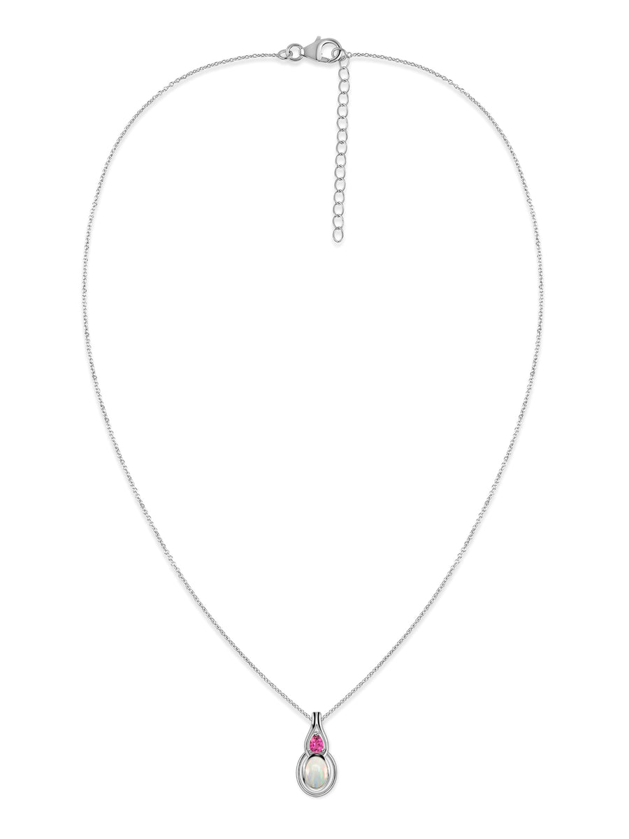Natural Opal & Pink Tourmaline Gold Drop Pendant with Chain