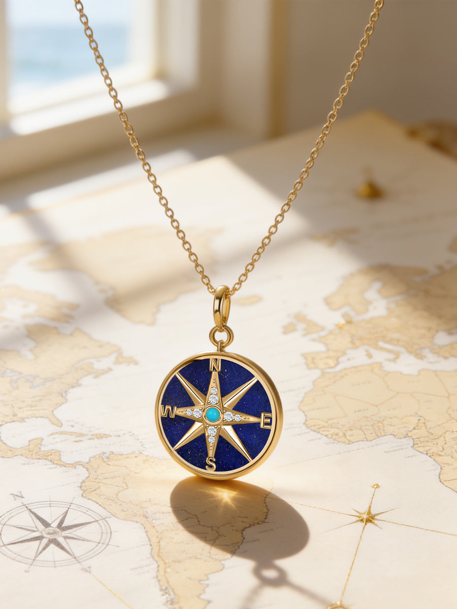 Natural Compass Style Lapis Silver Pendant