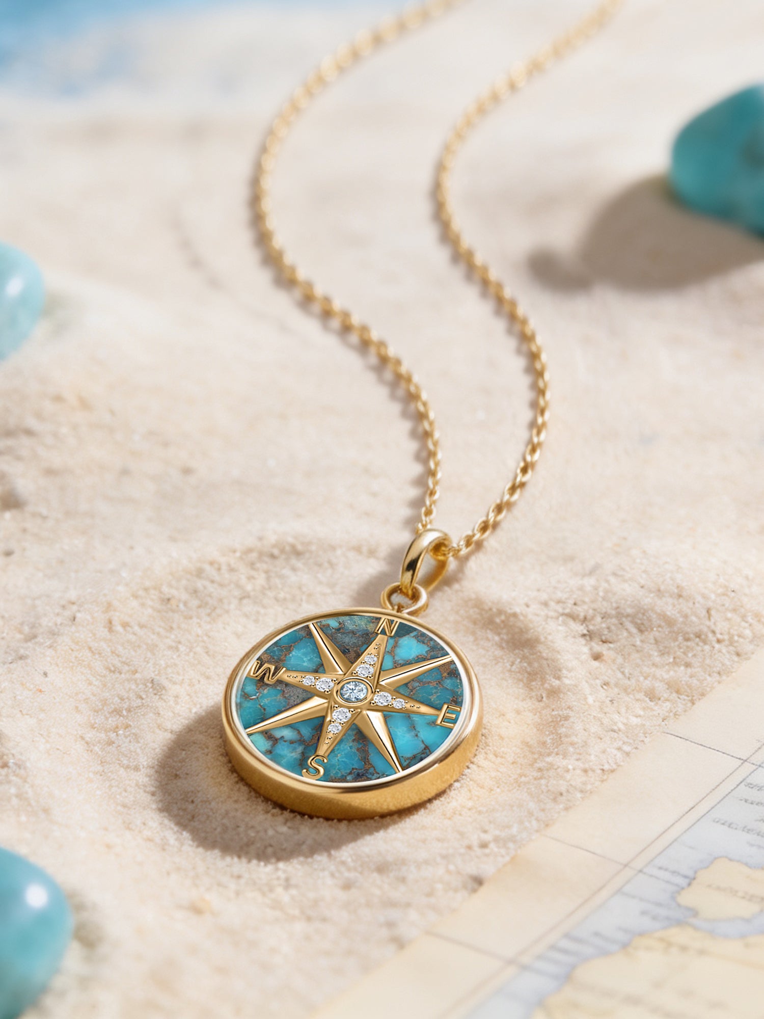 Natural Compass Style Turquoise Silver Pendant