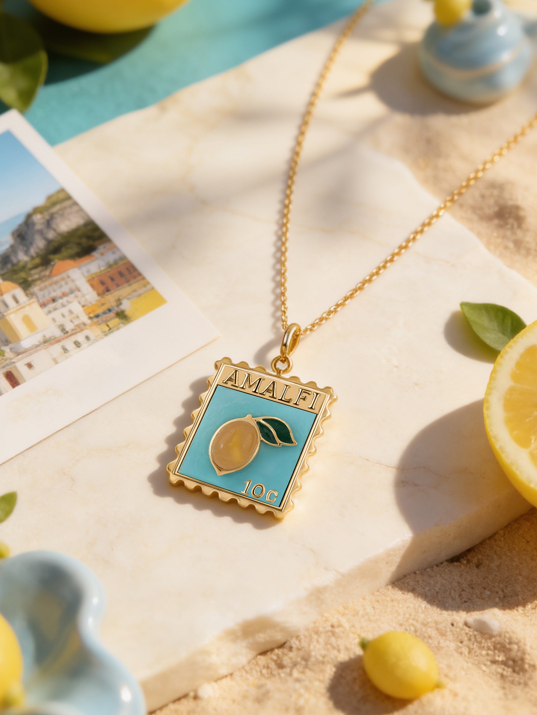 Natural Turquoise Lemon Motif Silver Pendant Necklace