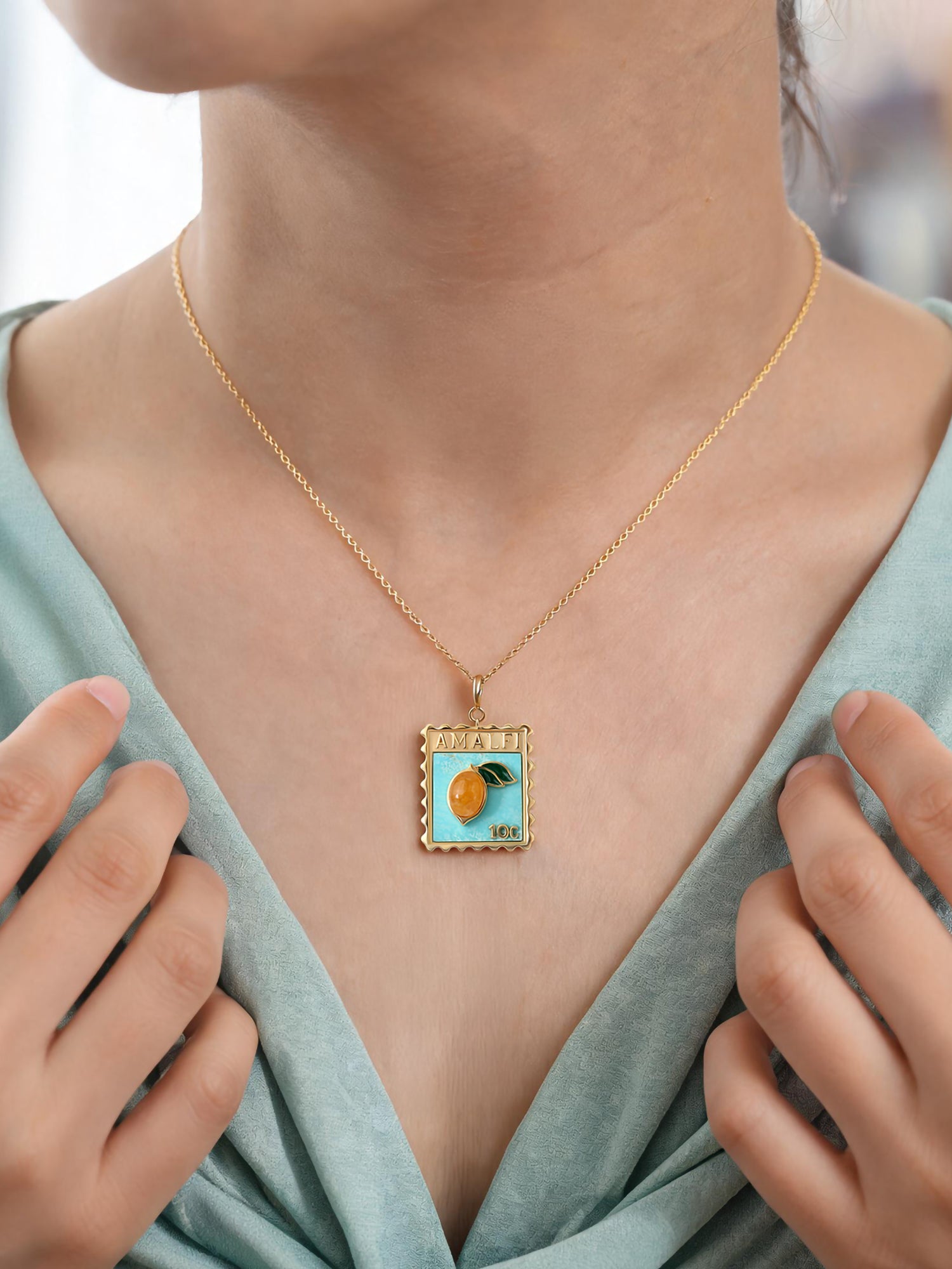 Natural Turquoise Lemon Motif Silver Pendant Necklace