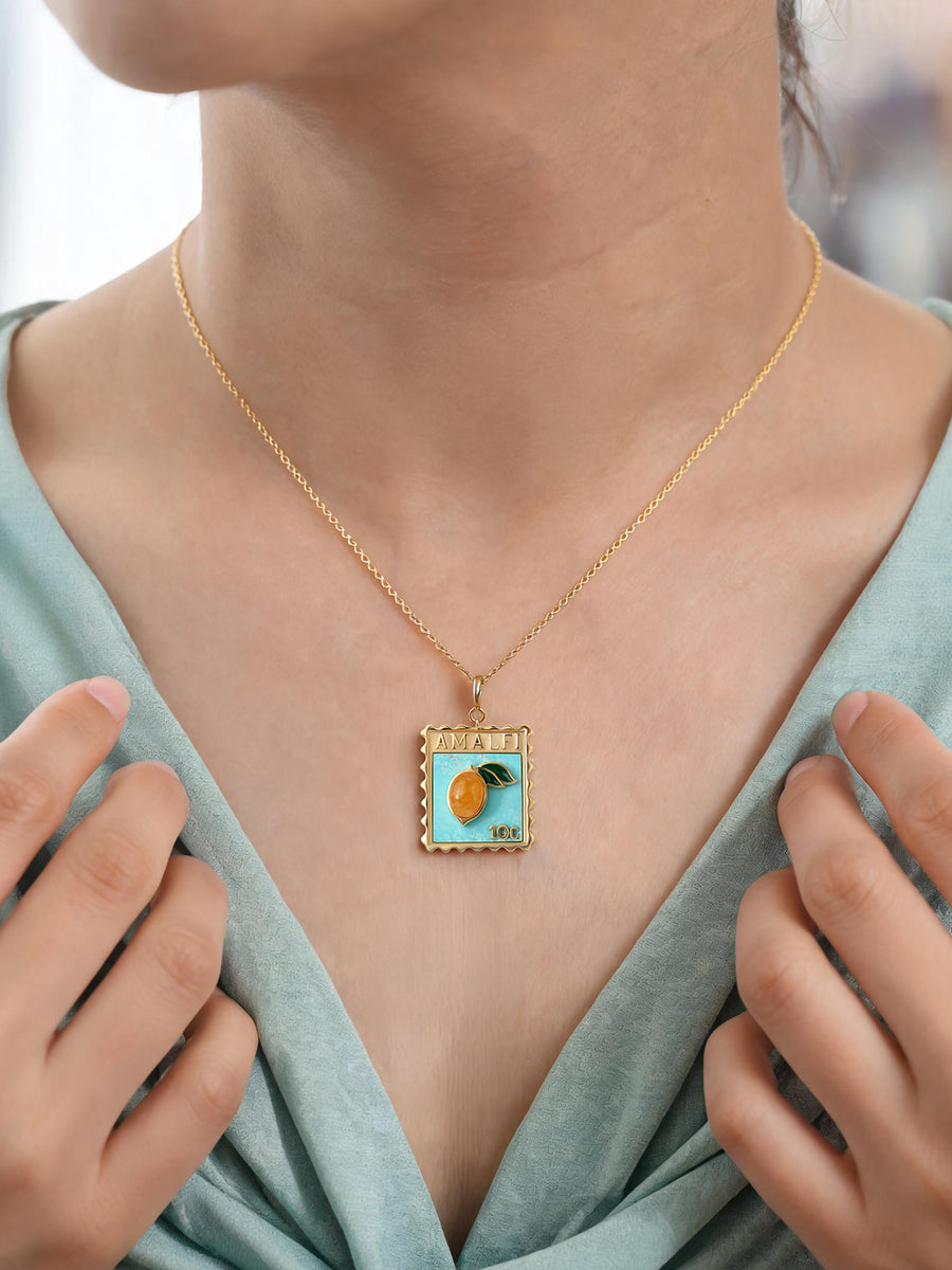 Natural Turquoise Lemon Motif Silver Pendant Necklace