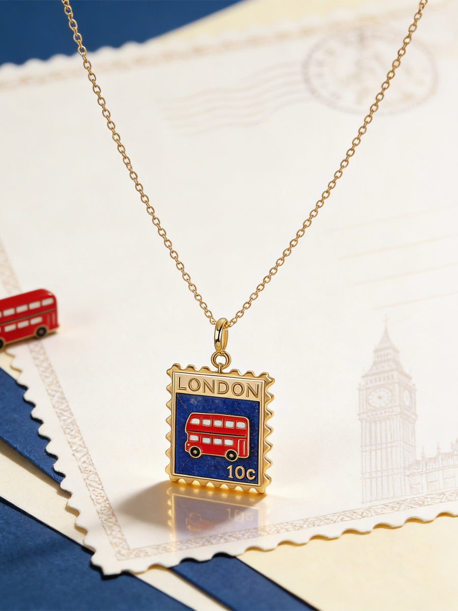 Natural London Bus Lapis Stamp Style Silver Pendant