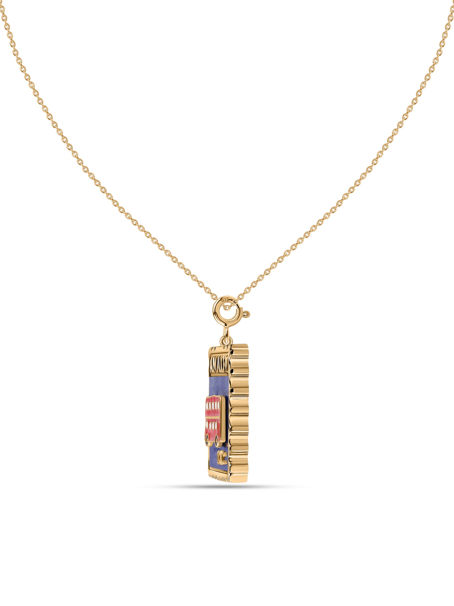 Natural London Bus Lapis Stamp Style Silver Pendant