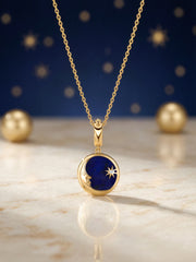 Natural Lapis Moon Star Motif Silver Pendant