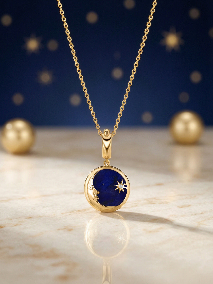 Natural Lapis Moon Star Motif Silver Pendant