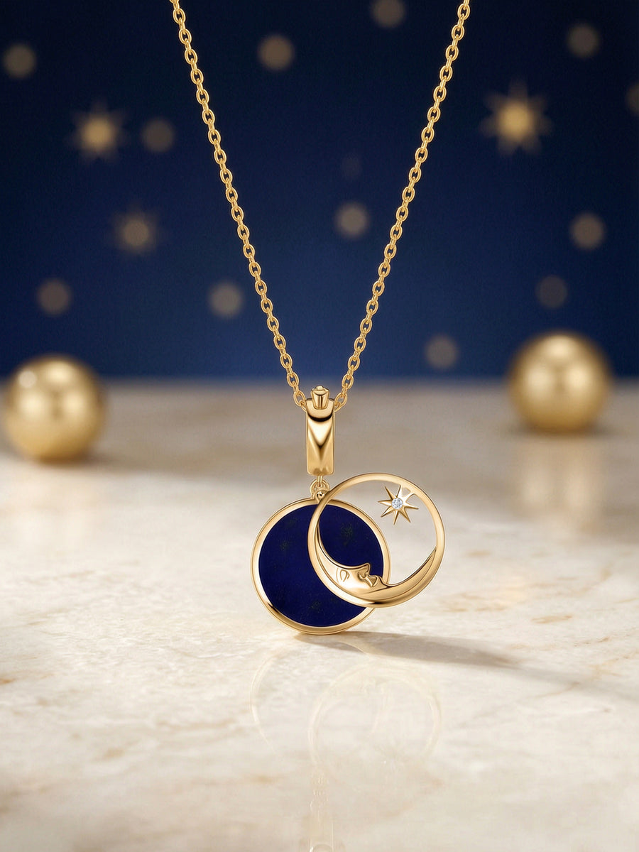 Natural Lapis Moon Star Motif Silver Pendant