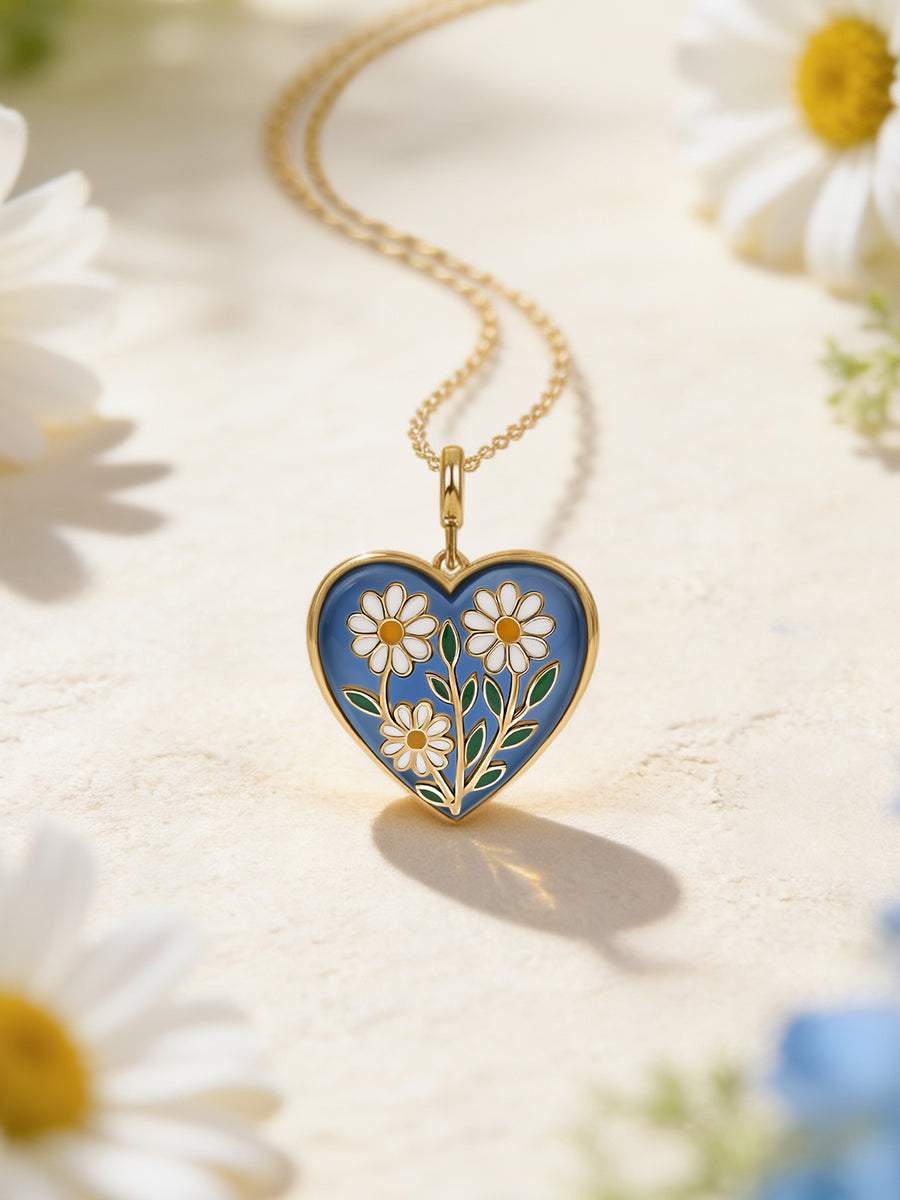 Natural Blue Agate Floral Heart Silver Pendant Necklace