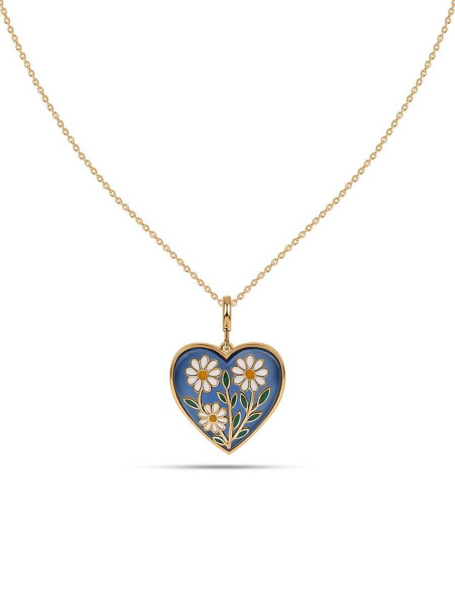 Natural Blue Agate Floral Heart Silver Pendant Necklace