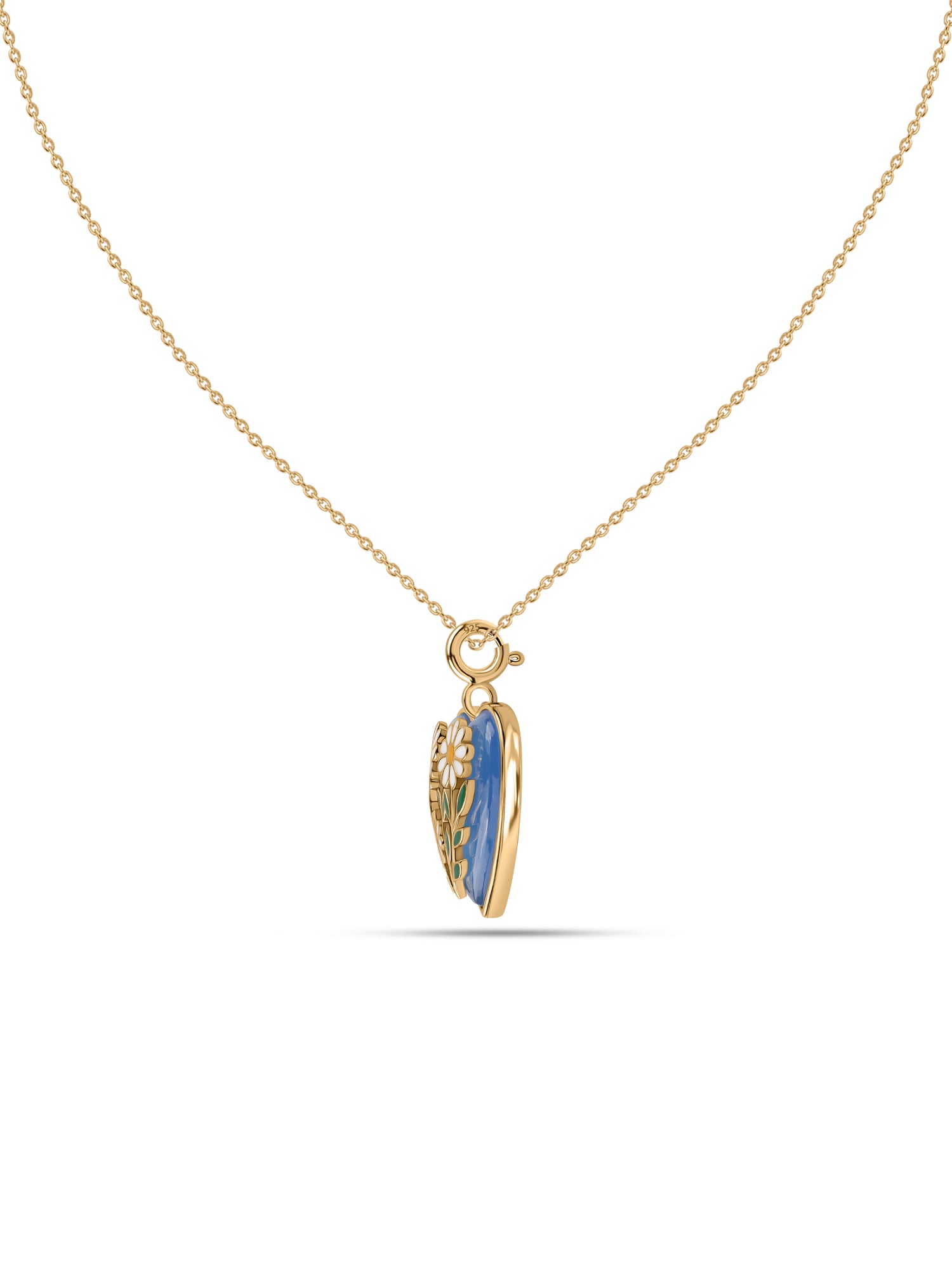 Natural Blue Agate Floral Heart Silver Pendant Necklace