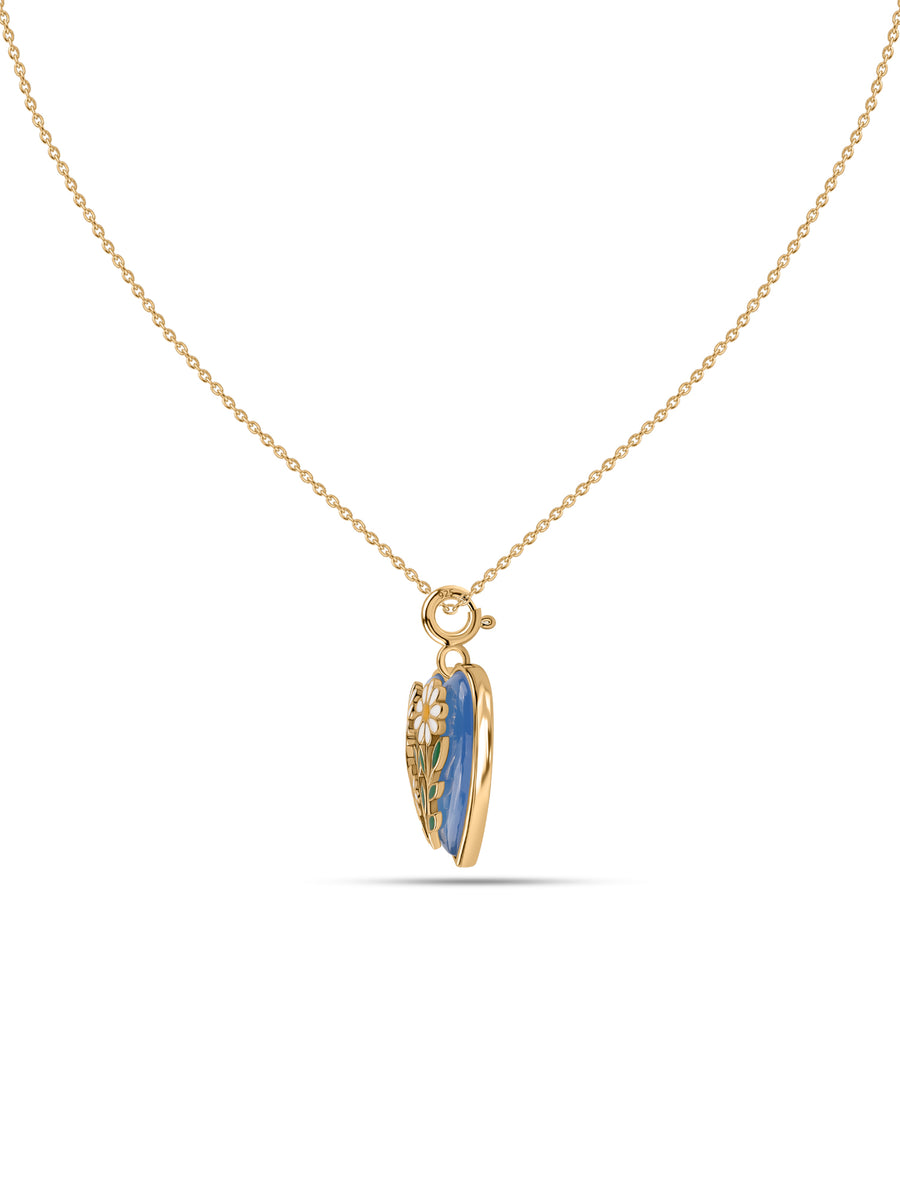 Natural Blue Agate Floral Heart Silver Pendant Necklace