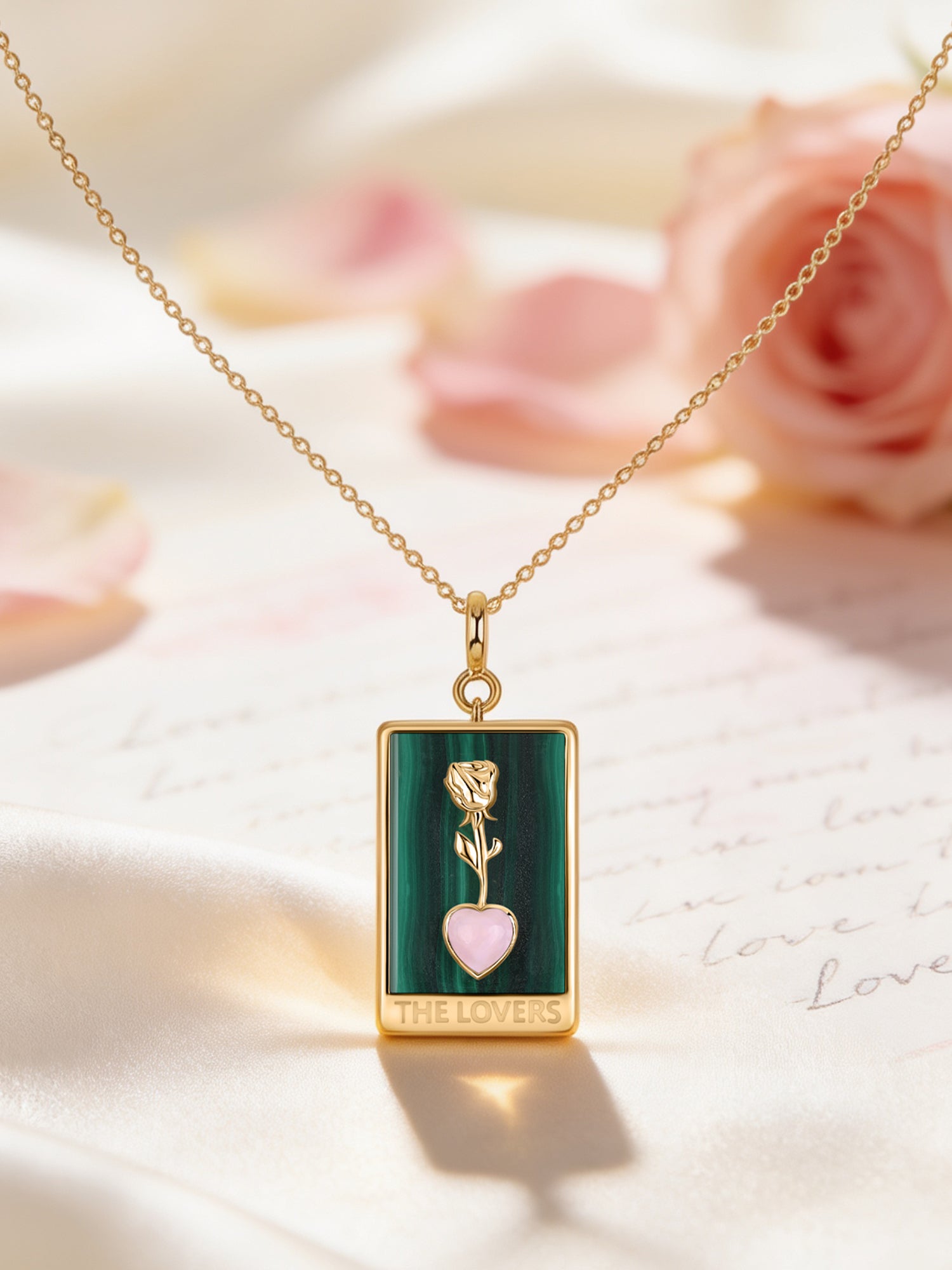 Natural Malachite Rose Heart Silver Pendant Necklace