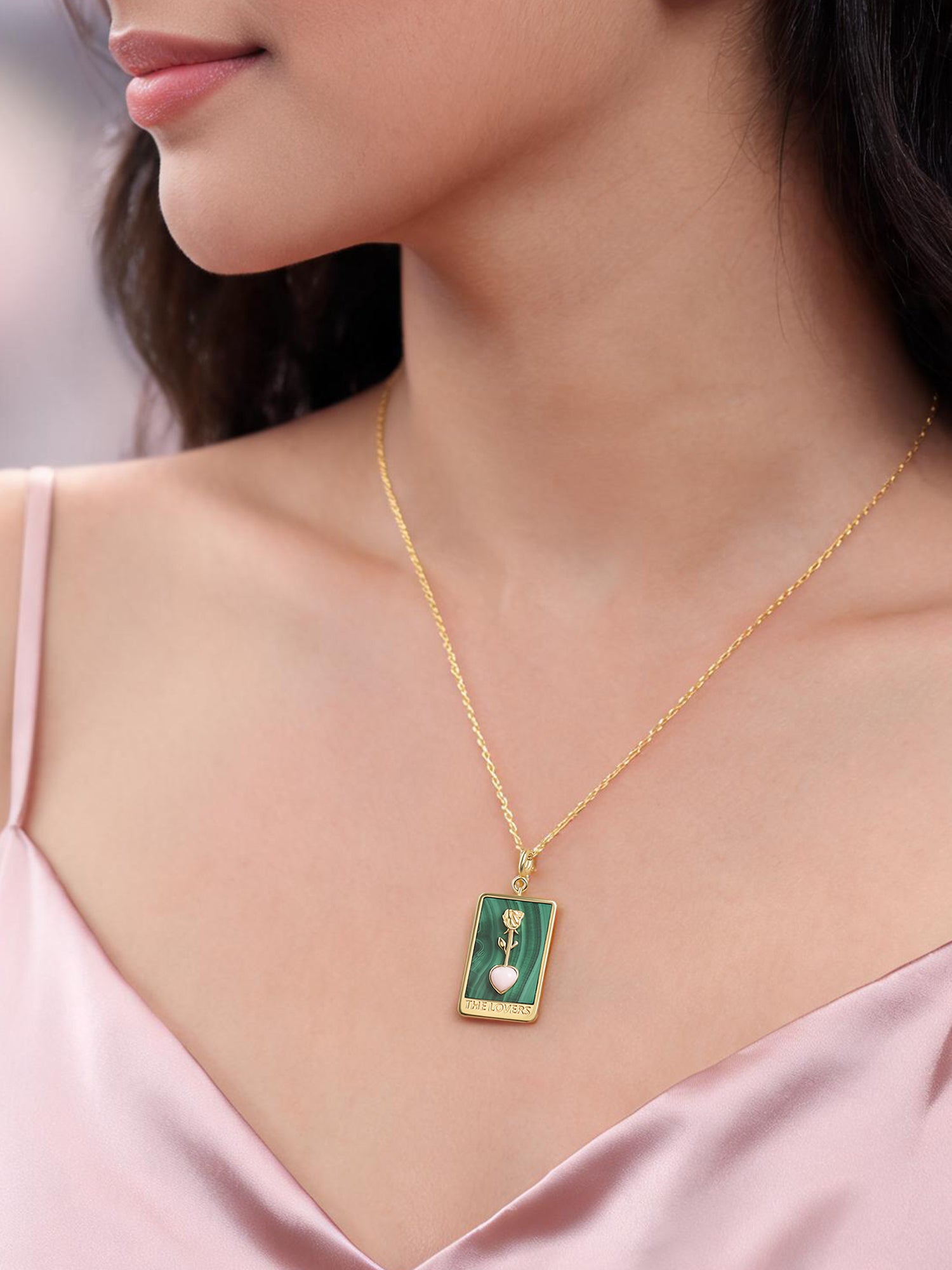 Natural Malachite Rose Heart Silver Pendant Necklace