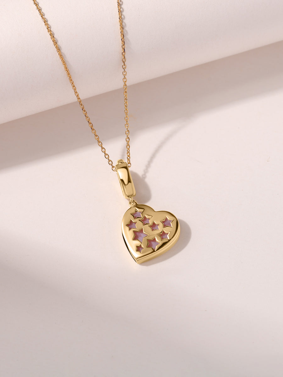 Natural Pink Opal Heart Moon Silver Pendant Necklace