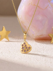 Natural Pink Opal Heart Moon Silver Pendant Necklace
