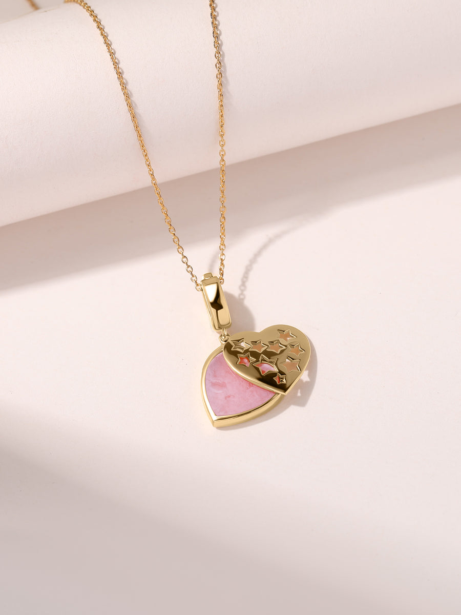 Natural Pink Opal Heart Moon Silver Pendant Necklace