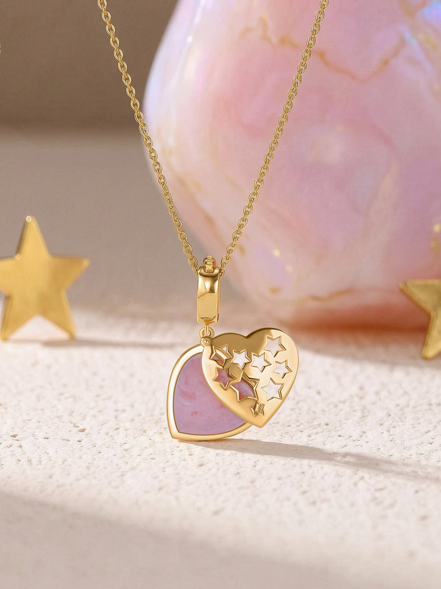Natural Pink Opal Heart Moon Silver Pendant Necklace
