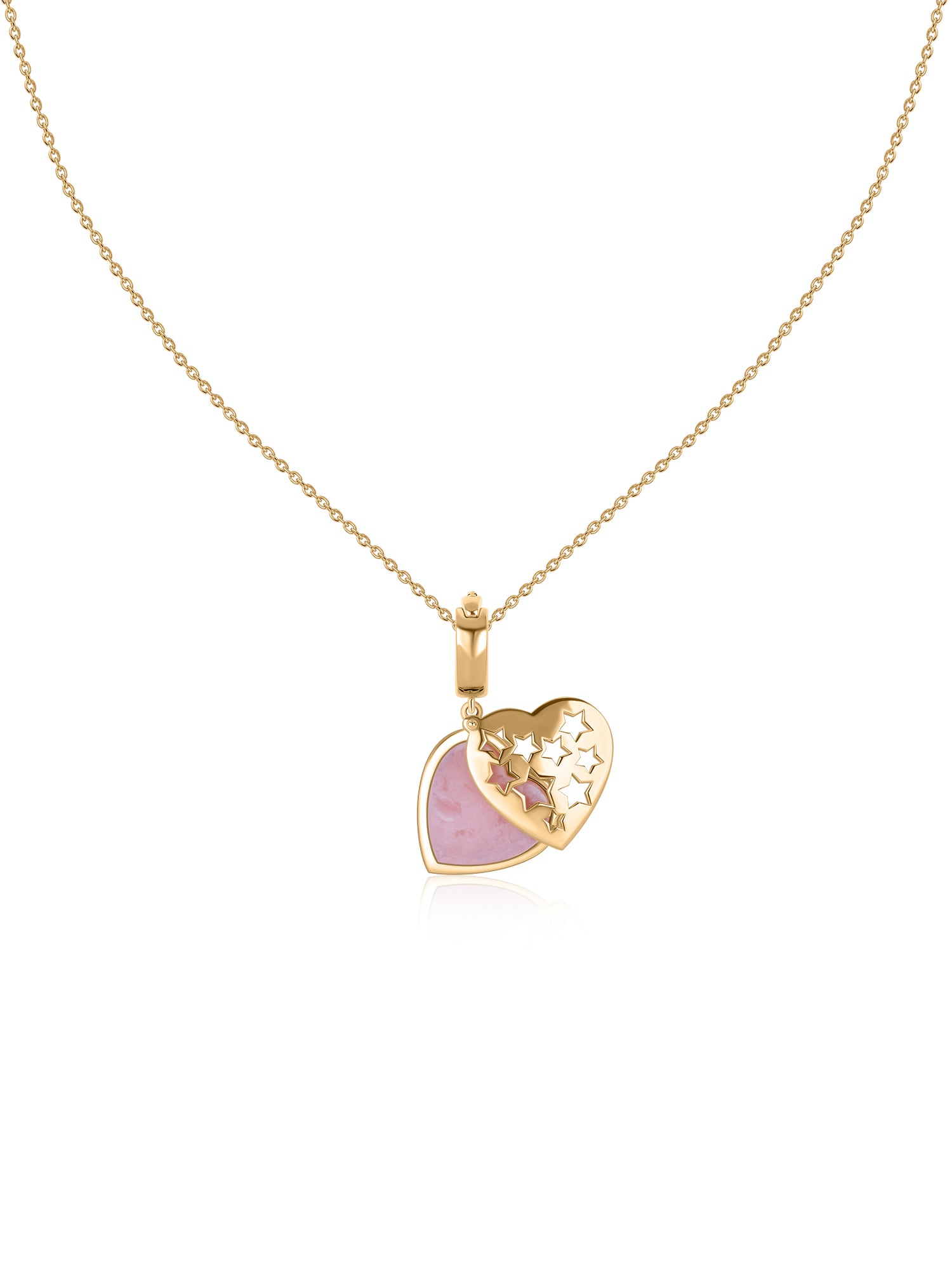 Natural Pink Opal Heart Moon Silver Pendant Necklace
