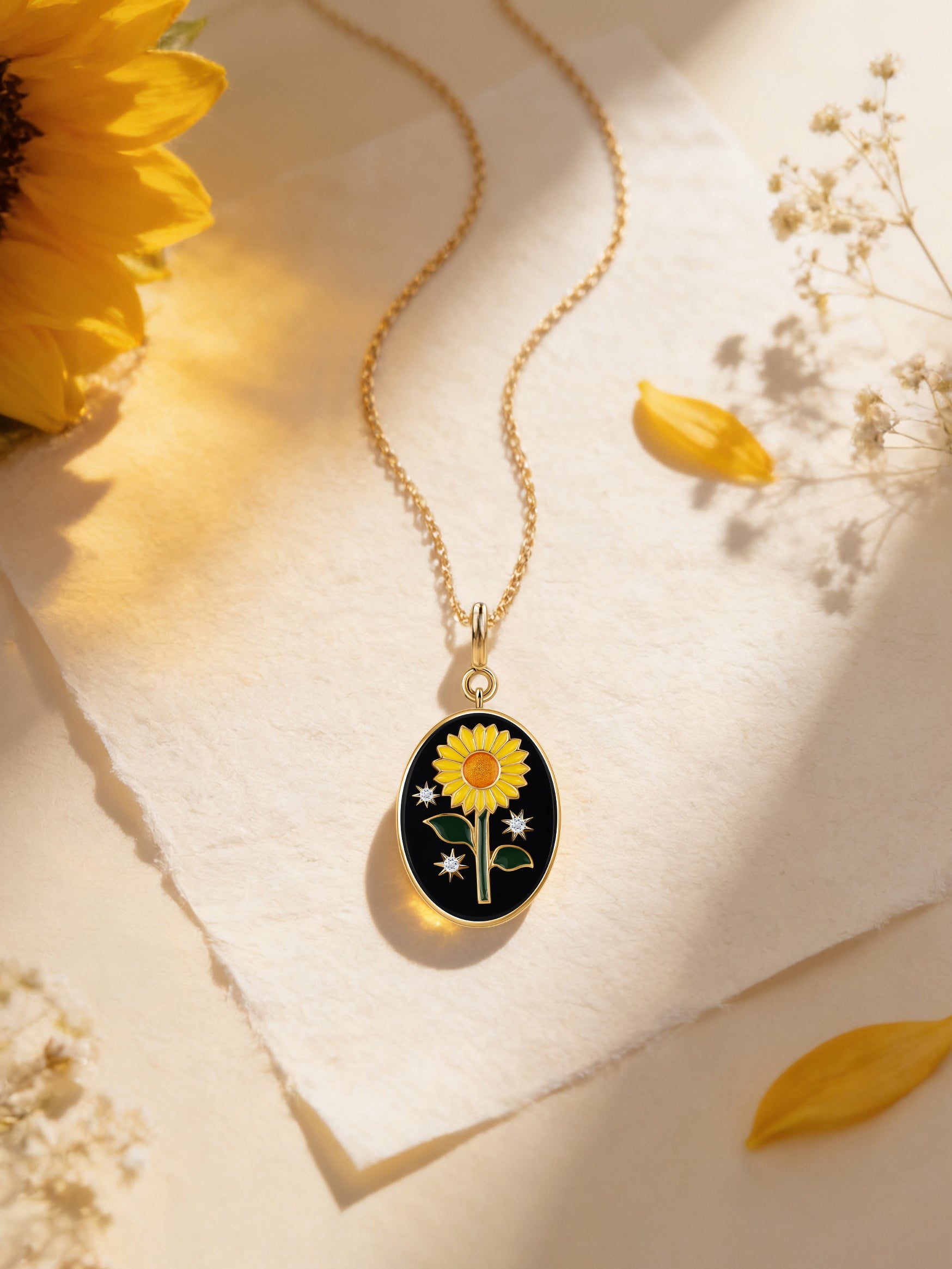 Natural Black Onyx Sunflower Silver Pendant Necklace