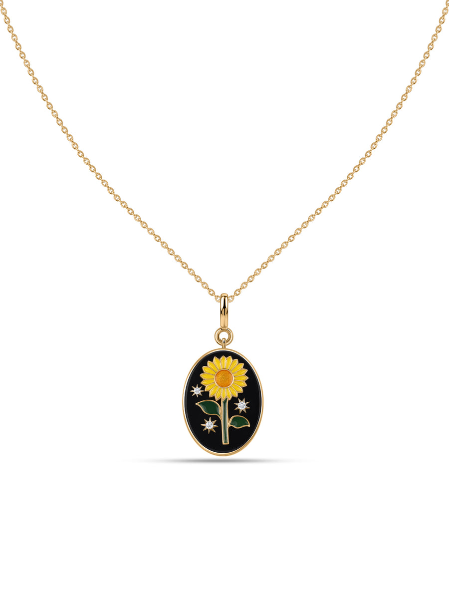 Natural Black Onyx Sunflower Silver Pendant Necklace