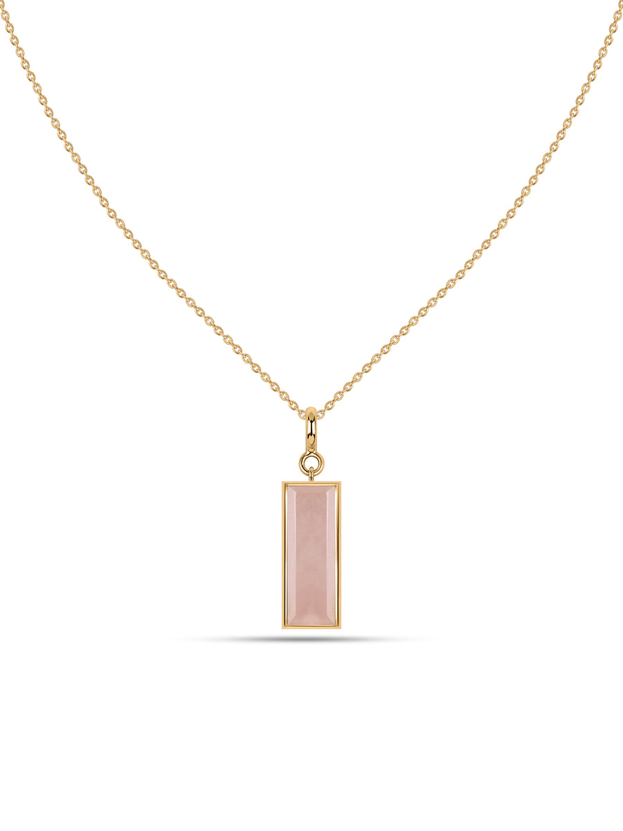 Natural Rose Quartz Baguette Bar Silver Pendant Necklace