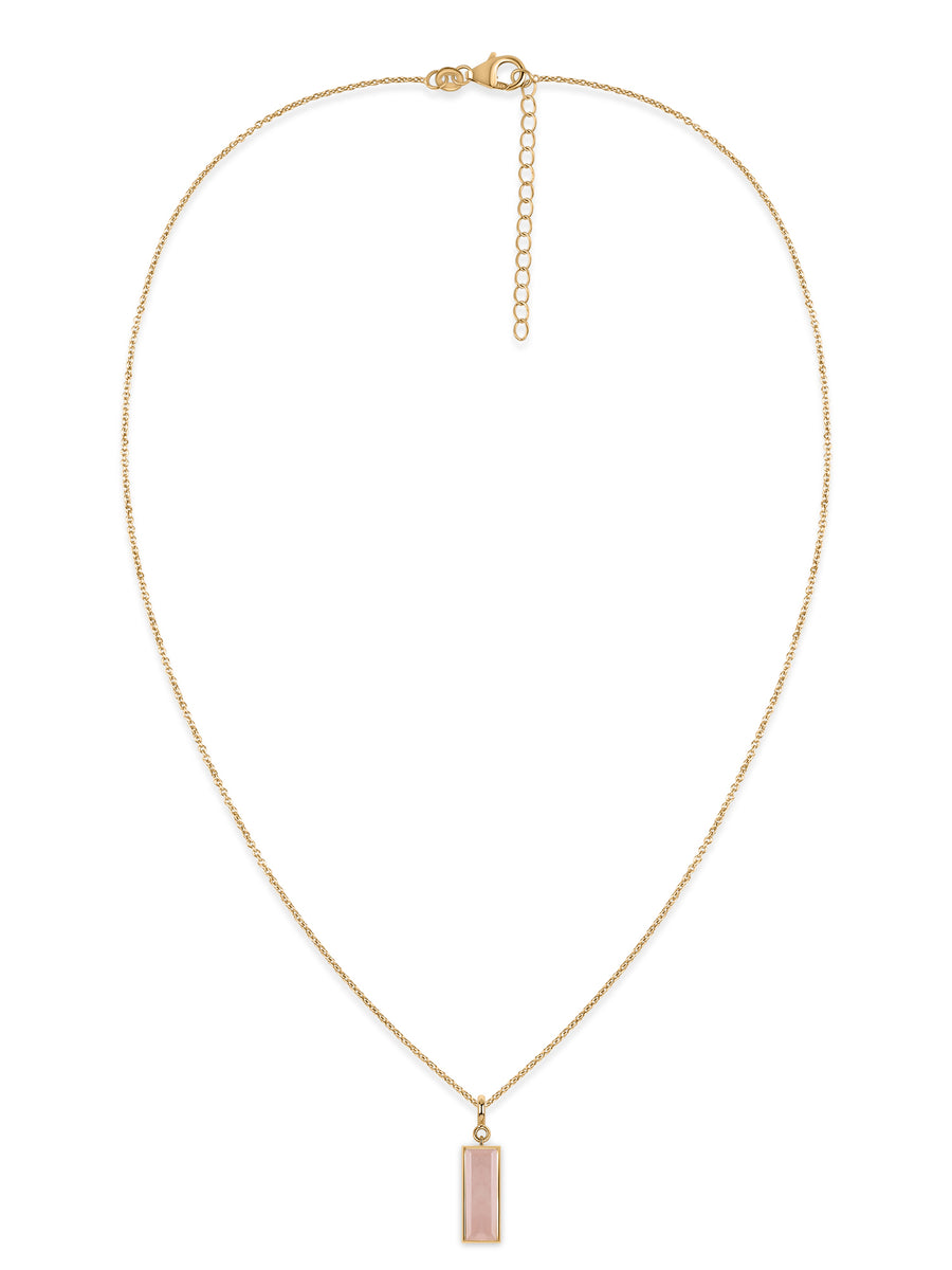 Natural Rose Quartz Baguette Bar Silver Pendant Necklace