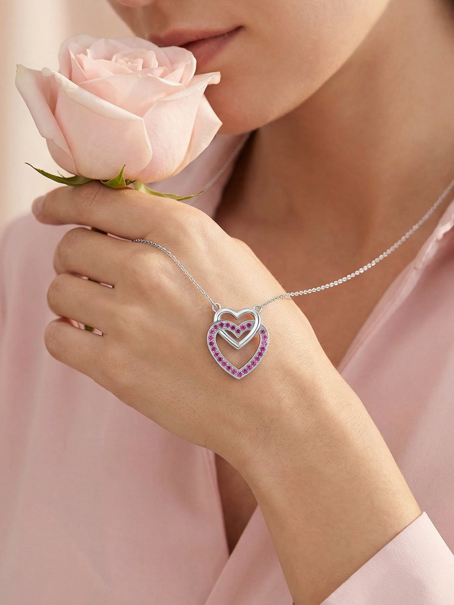 Blush of Love Ruby Heart Silver Necklace