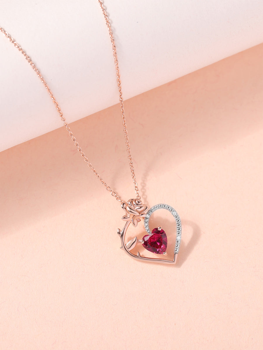 Crimson Rose of Love Ruby Heart Silver Pendant