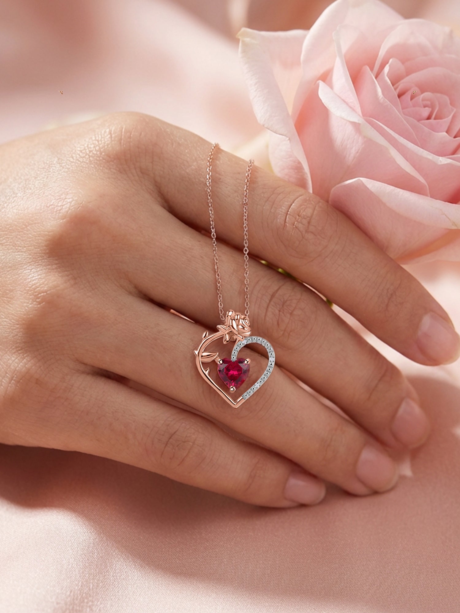 Crimson Rose of Love Ruby Heart Silver Pendant