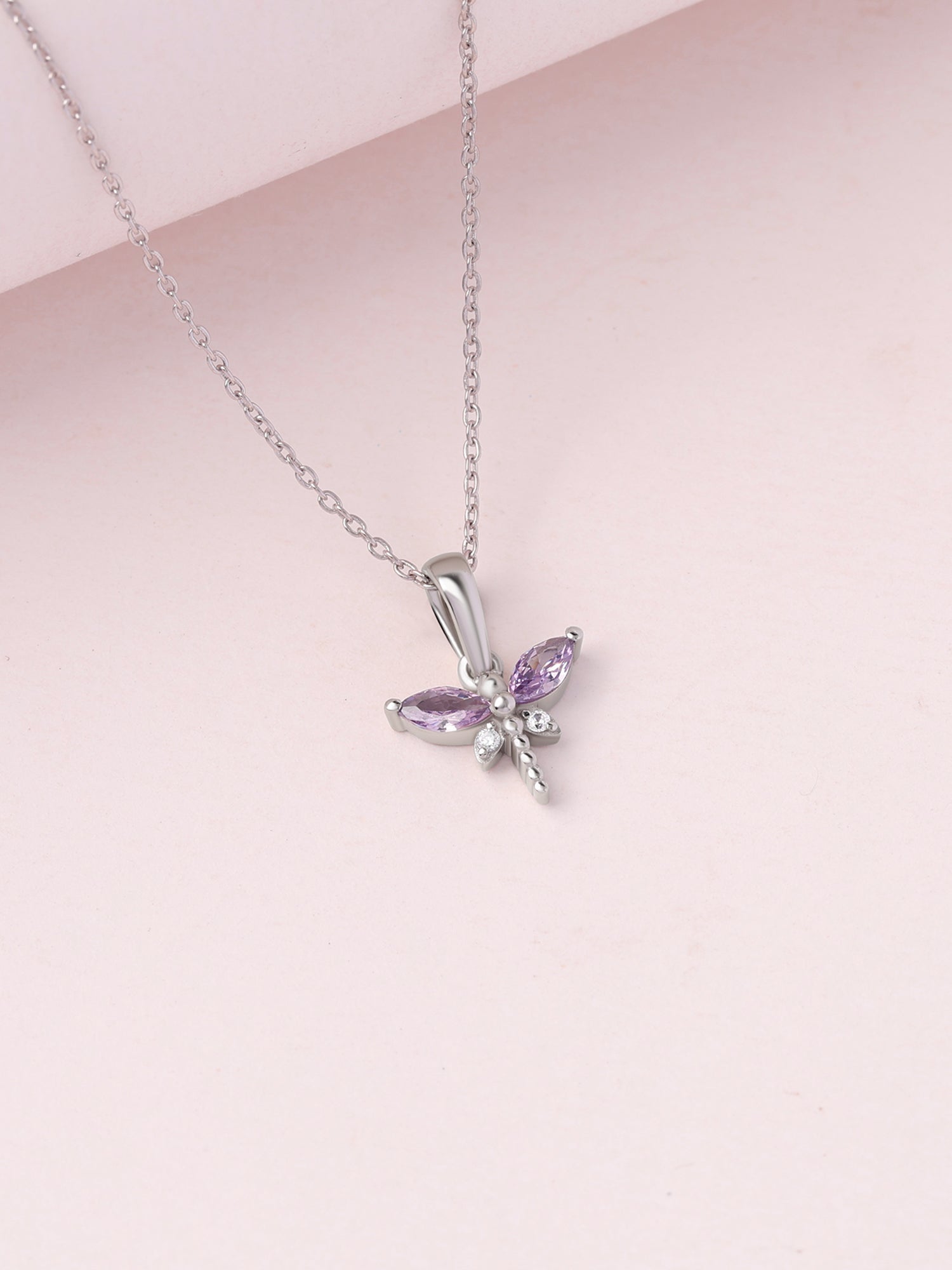 Amethyst CZ Butterfly Silver Pendant With Chain for Women