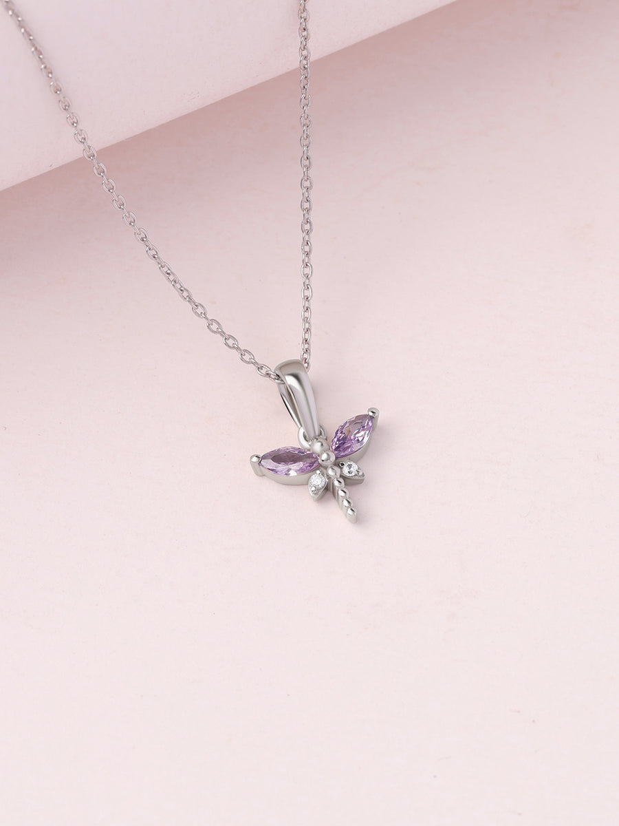 Amethyst CZ Butterfly Silver Pendant With Chain for Women