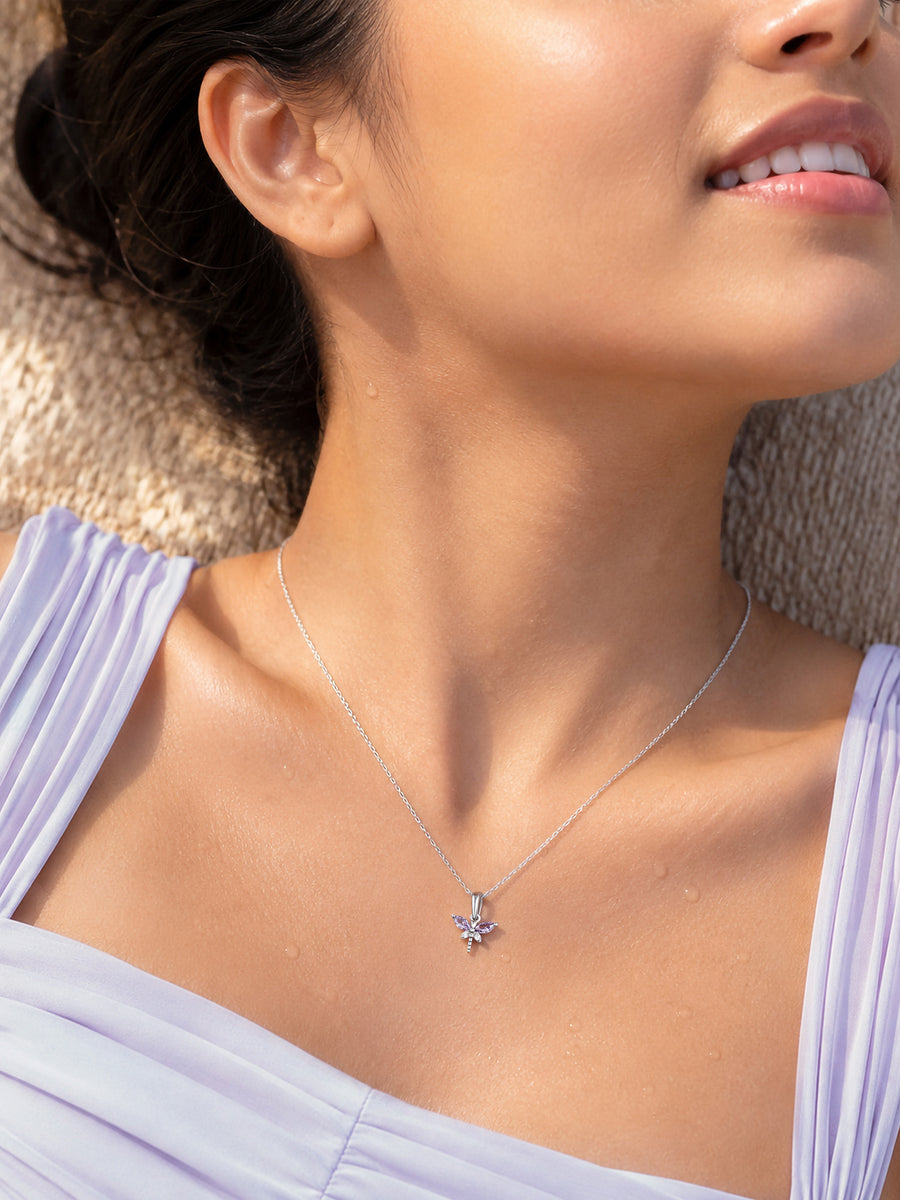 Amethyst CZ Butterfly Silver Pendant With Chain for Women