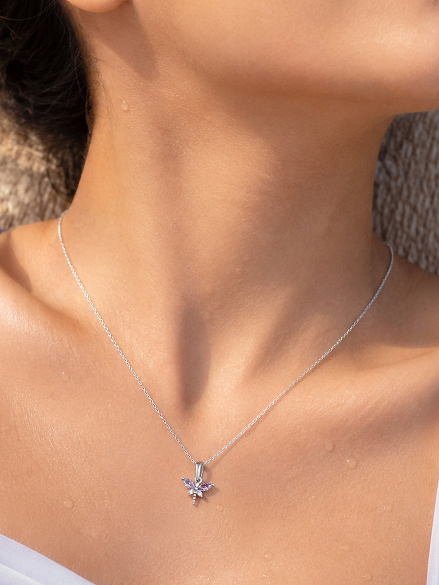 Amethyst CZ Butterfly Silver Pendant With Chain for Women