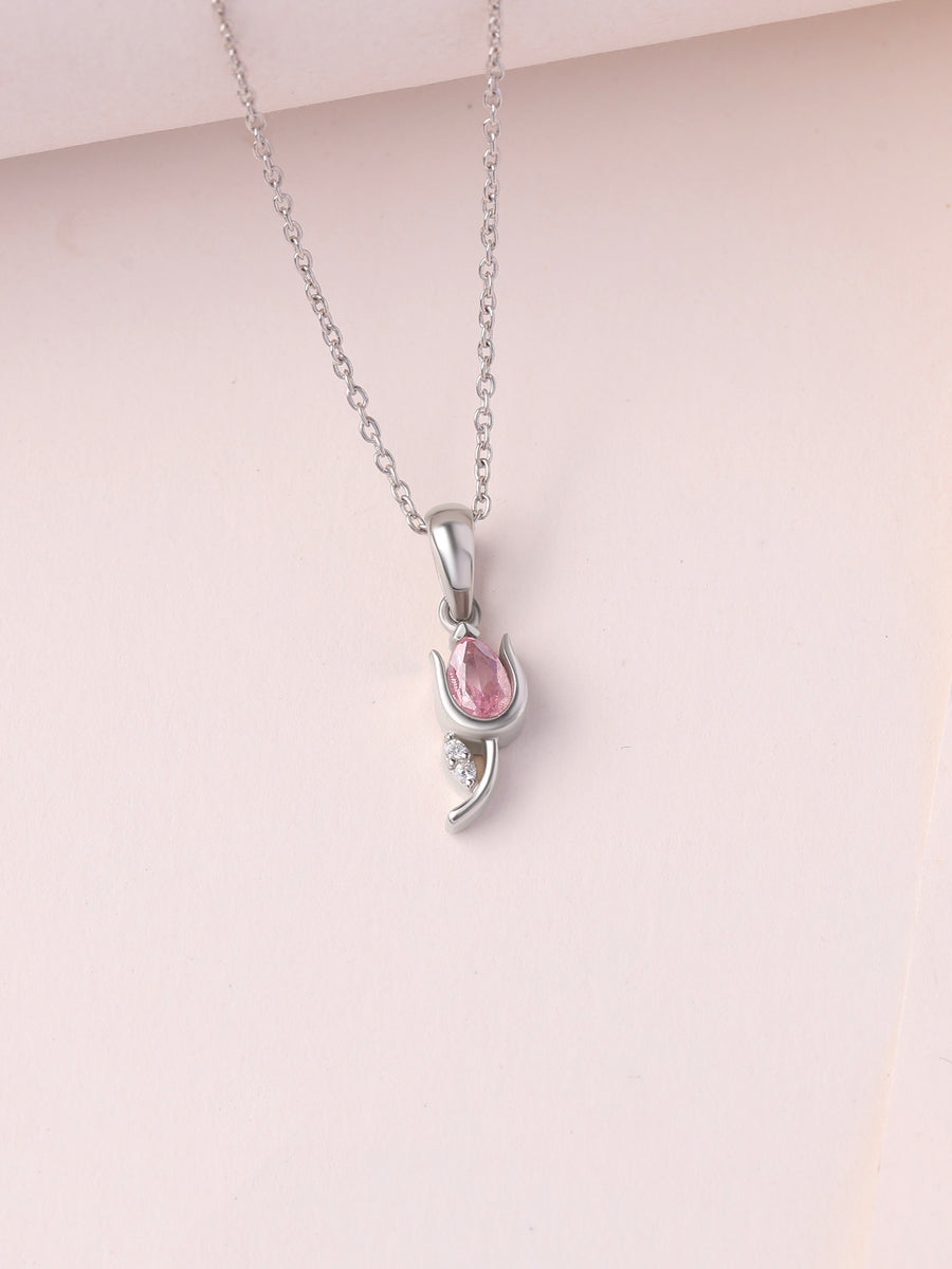 Tulip Pink CZ Stone Silver Necklace for Women